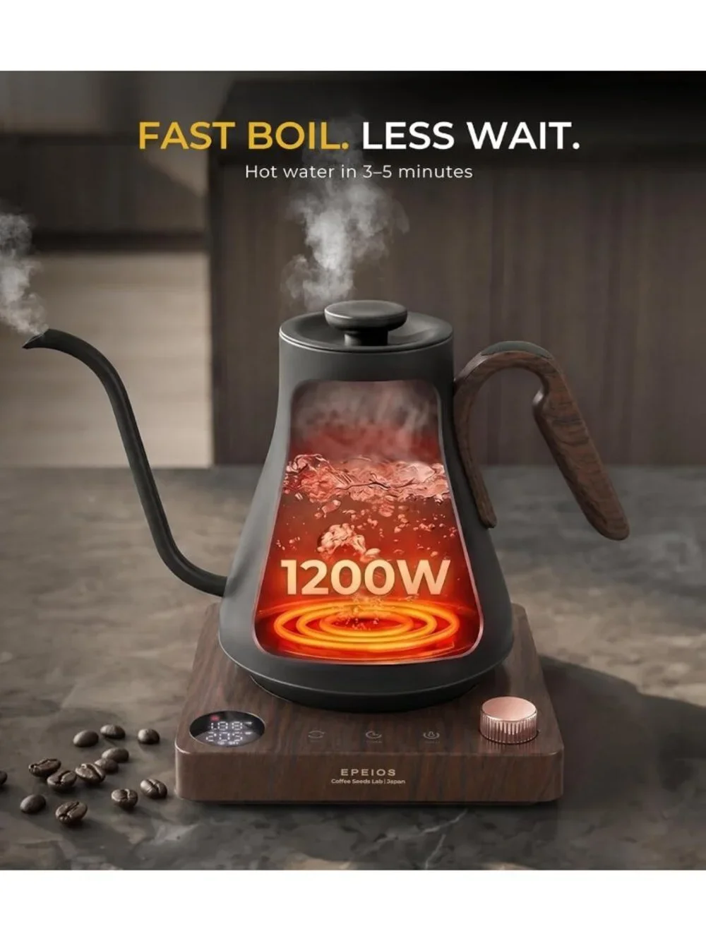 Gooseneck Electric Kettle with Temperature Control, 1200W, 0.9L - Matte Black
